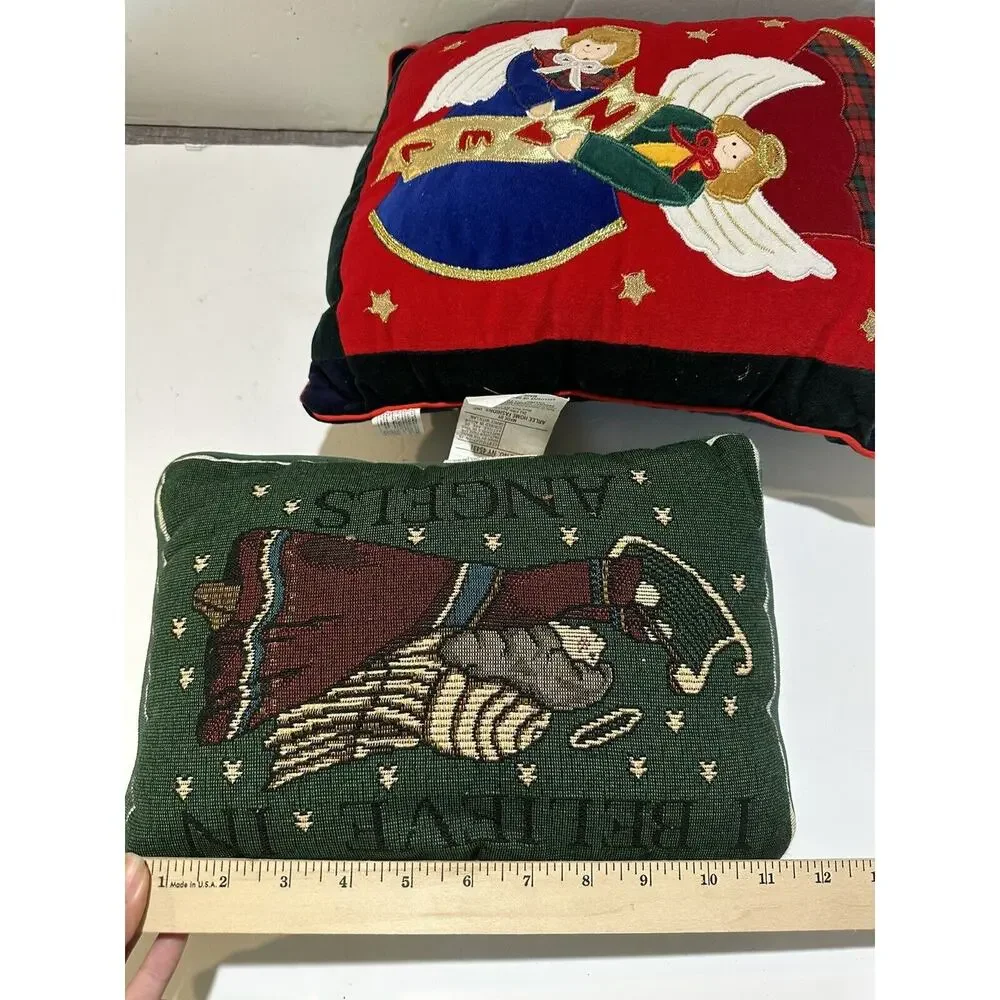 lot of 2 vintage christmas throw pillows red and green I believe in angel + noel